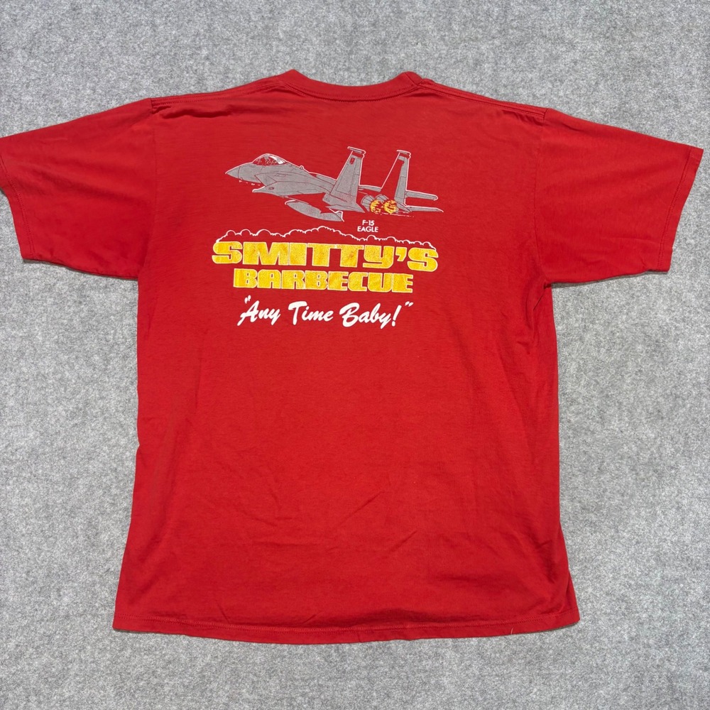 Vintage Jerzees Smitty's Barbecue F-15 Eagle T-Shirt XL Red Panama City Florida